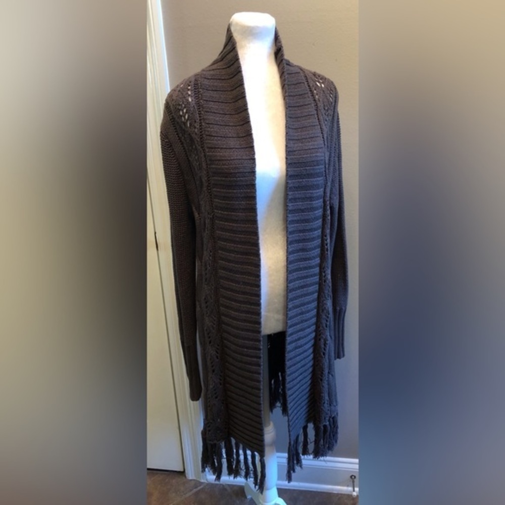 Gray Full Length Open Cardigan by Copper Key Size Large Cable Knit